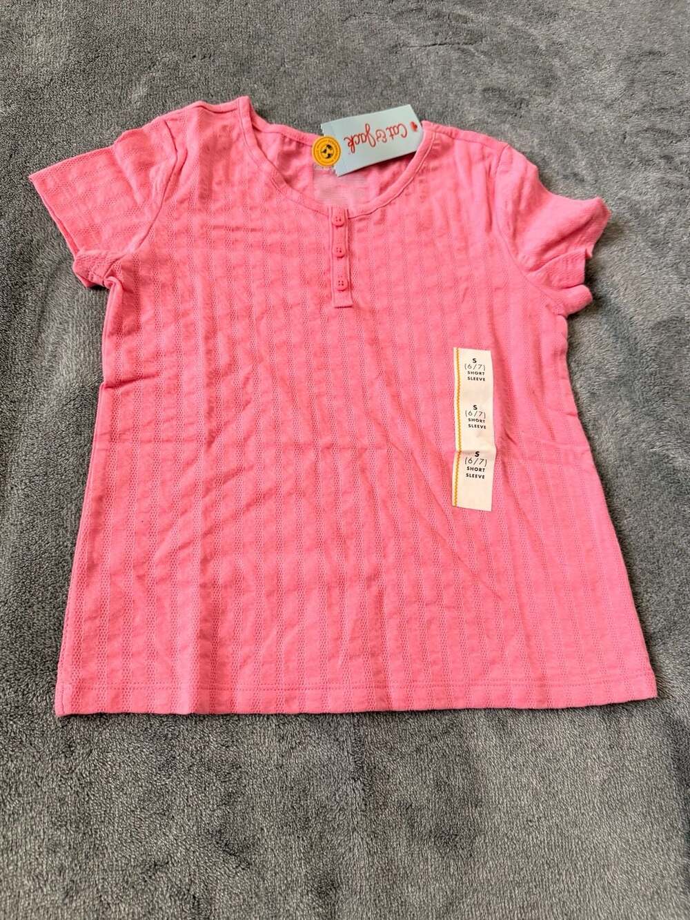 Cat & Jack Girls Pink Short Sleeve Pointelle Henley Top Size 6/7